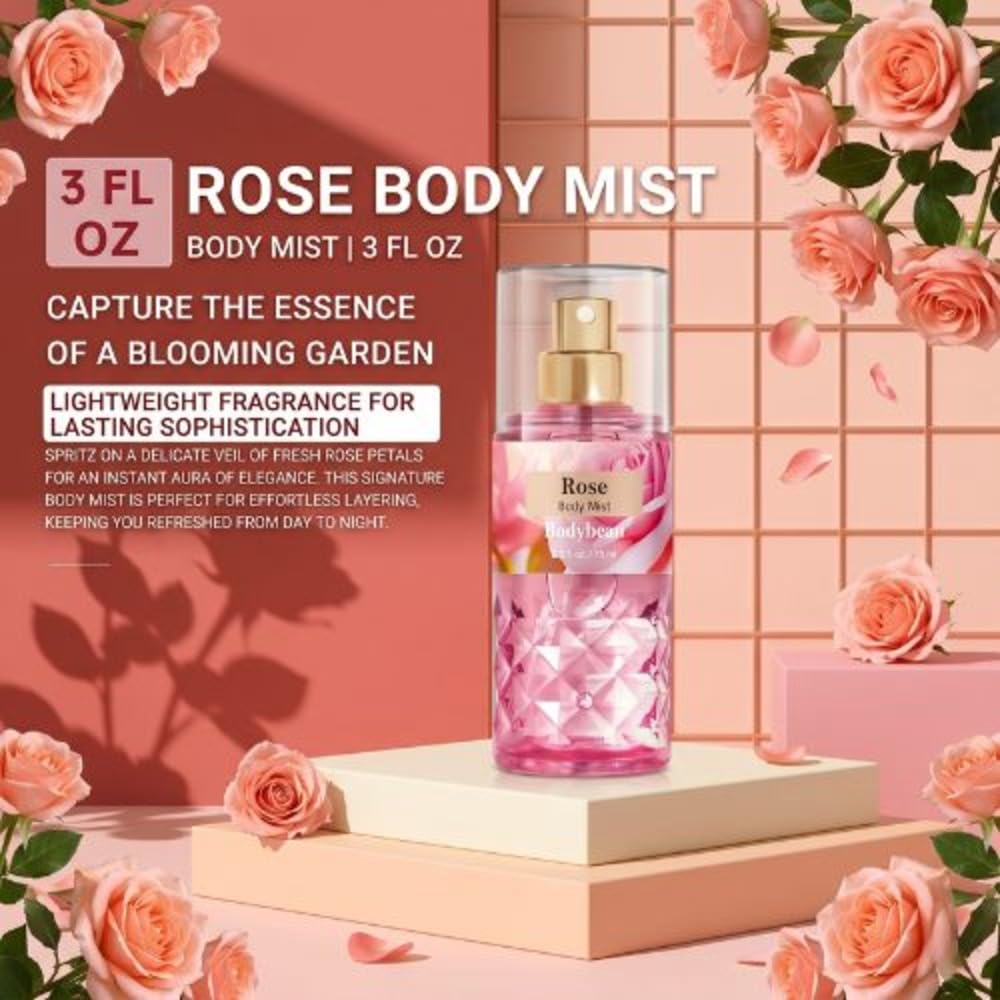 Rose Bath and Body Gift Set for Mom, 4-Piece Set Collection, Shower Gel, Body Lotion, Body Mist, Exfoliating Scrub, Personal Body Care Travel Set, Gifts for Her, Bridesmaid Gifts