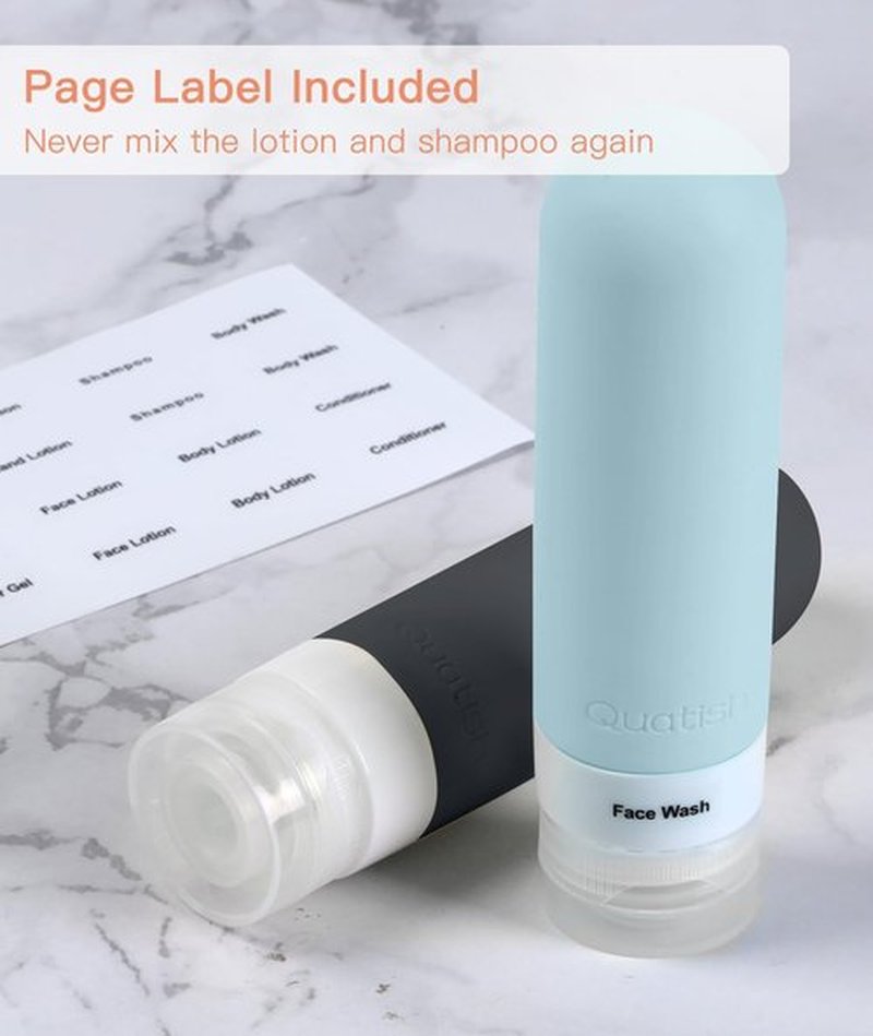 Quatish Travel Bottles for Toiletries【Original Patented】, 3 oz Tsa Approved Leak Proof Travel Size Containers, Silicone Shampoo and Conditioner Bottles, 4 Pack Travel Size Bottles, Grey