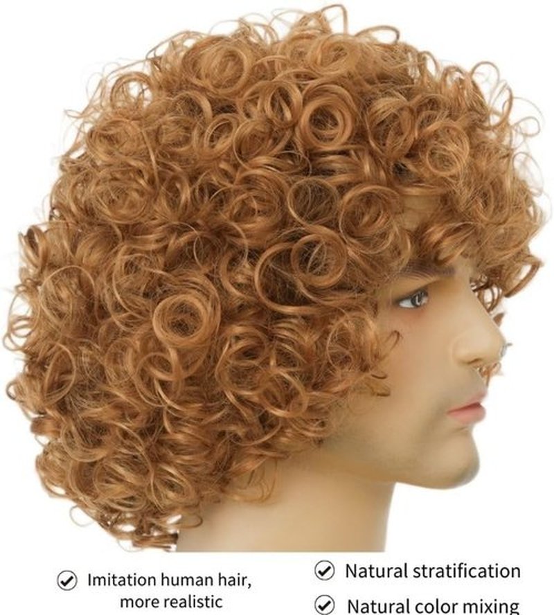 Salaibs Mens Blonde Curly Short Wig Afro Realistic 70s 80s Rocker Hair Wig Natural Looking Synthetic Shag Cosplay Daily Cap Wig