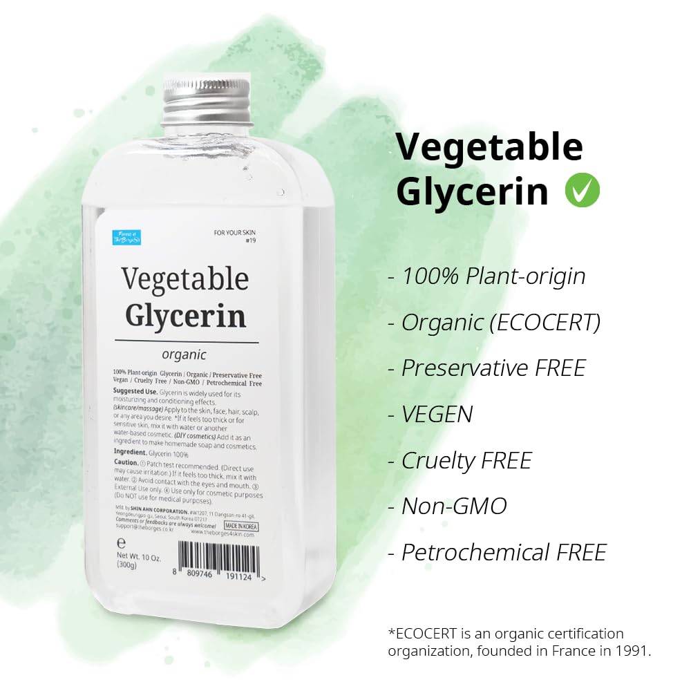 FOREST OF THE BORGES'S Vegetable Glycerin, 10 oz. (300g) Organic, Moisturizer for Skin, Scalp, DIY Cosmetics