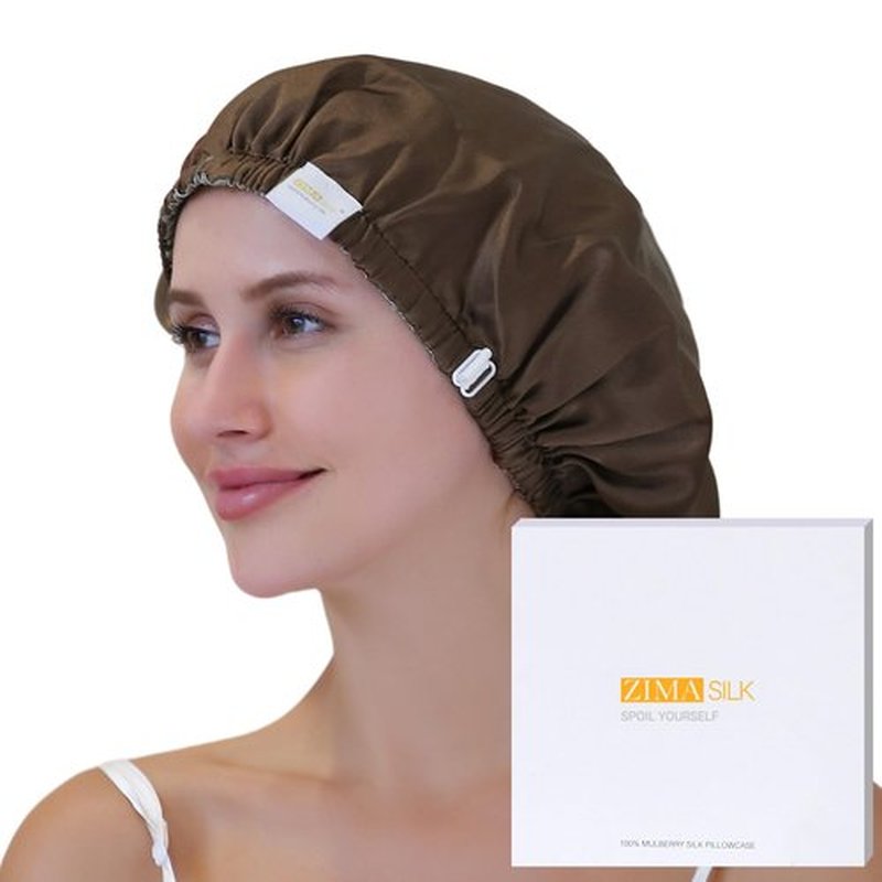 ZIMASILK 100% Mulberry Silk Bonnet for Sleeping Women Long Hair Double Layer Silk Hair Wrap with Adjustable Band Natural Silk Bonnet for Hair Care Stay On Head (1Pc, Chocolate)