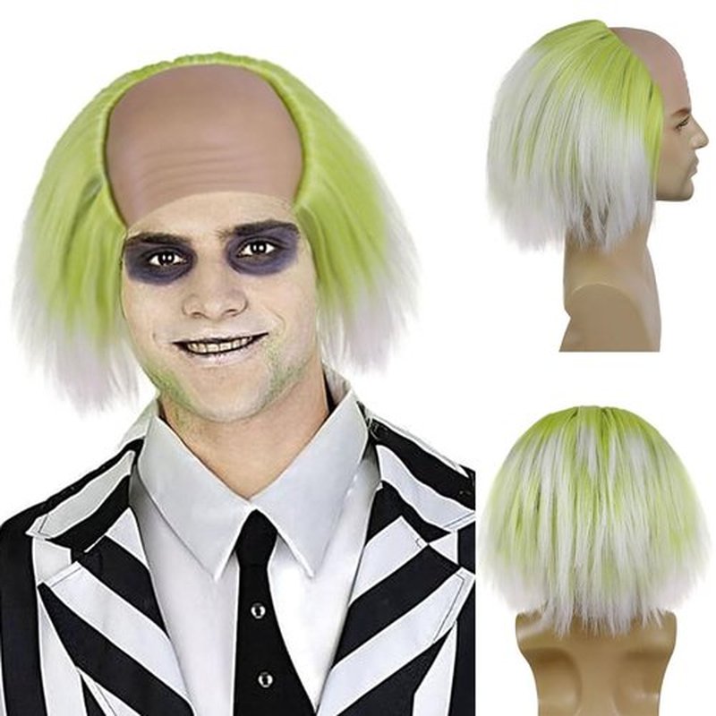 GNIMEGIL Short Green Roots Ombre White Wig Fluffy Straight Clown Bald Headpiece Movie Cosplay Wigs Halloween Costume Wigs for Men Ghostly Vibes or Mad Scientist Genius