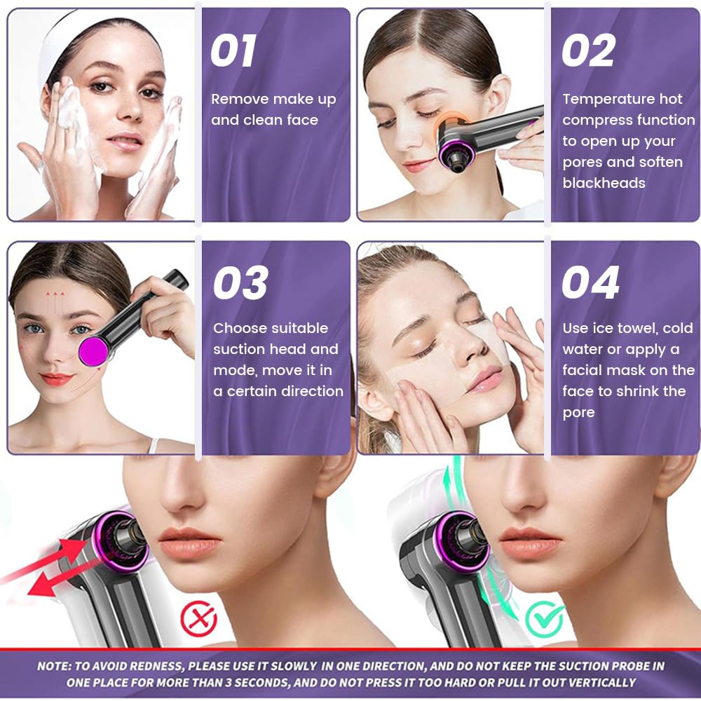 Blackhead Remover Pore Vacuum with Heating Function, Electric Comedone Extractor with 3 Suction Levels & 9 Modes, for Deep Pore Cleansing on Nose and Face with 5 Interchangeable Heads