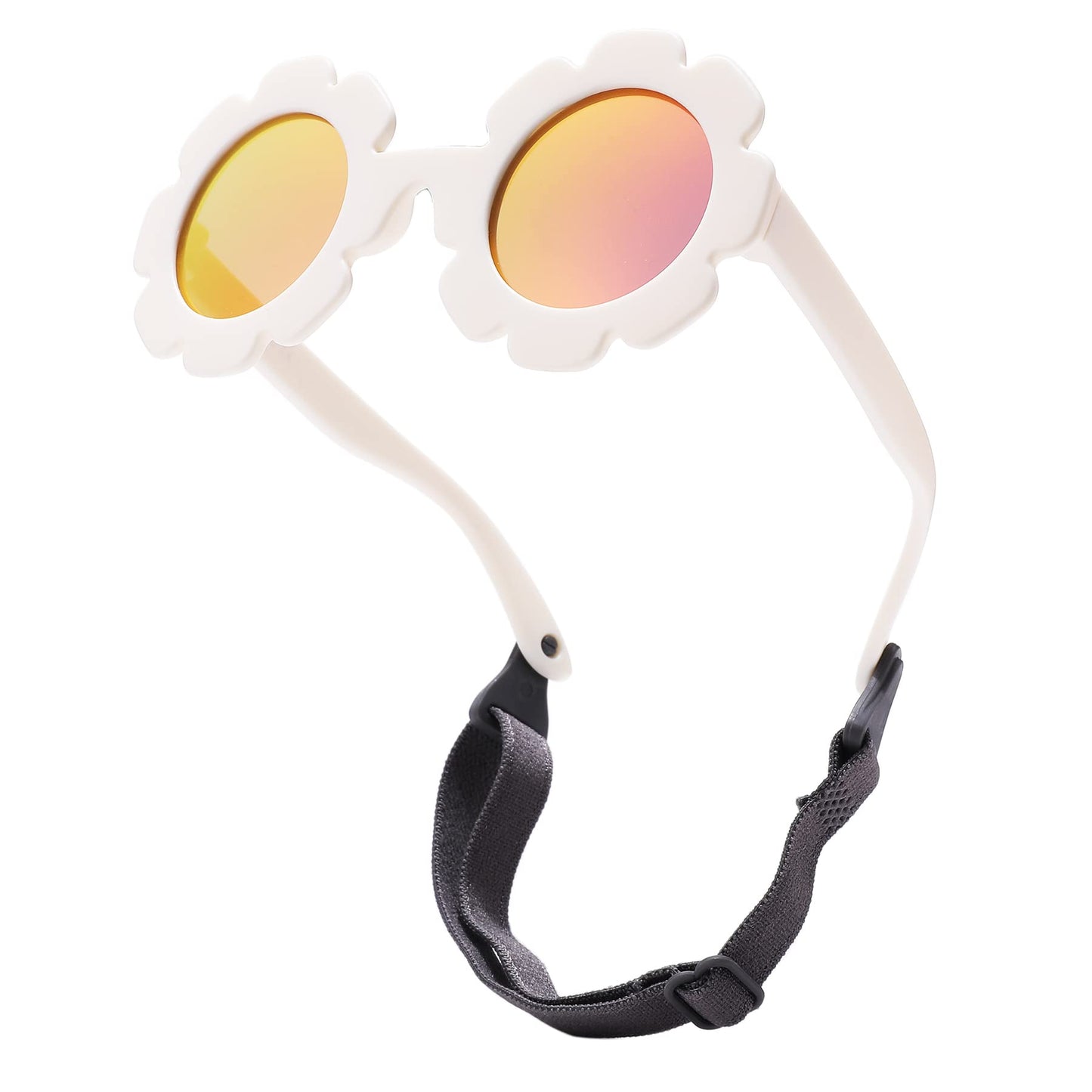 LIU·WEN Baby Polarized Flower Sunglasses with Strap - Bendable Flexible Frame for Infant Girls Boys Age 0-24 Months(Matte White/Purple Red Mirror)
