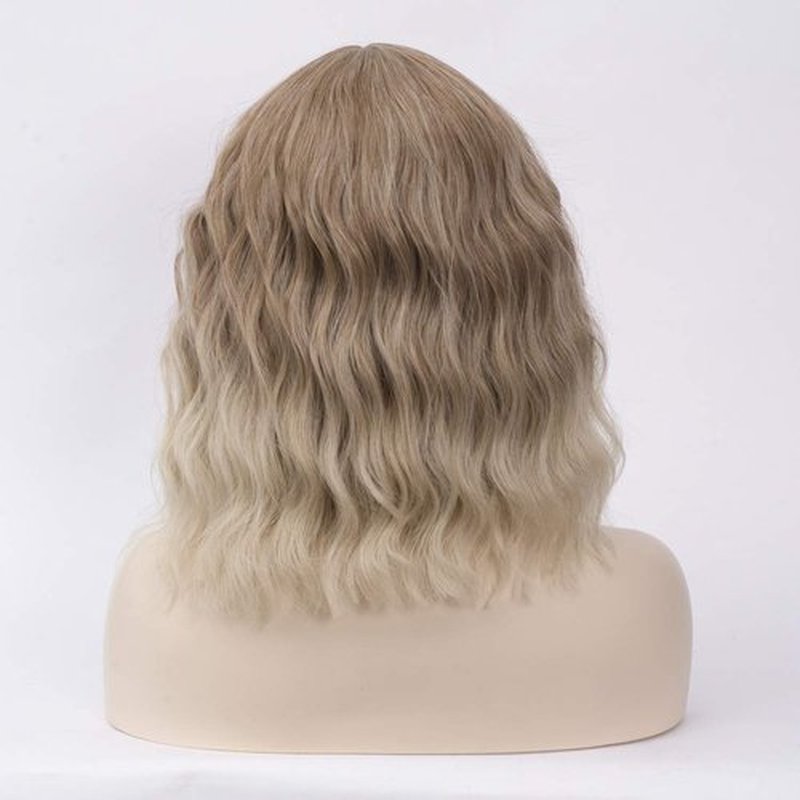BUFASHION 14" Women Short Wavy Curly Wig Ombre Brown Bob Wig Cosplay Halloween Synthetic Wigs With Neat Bang Wig With Free Wig Cap(Ombre Brown 1)