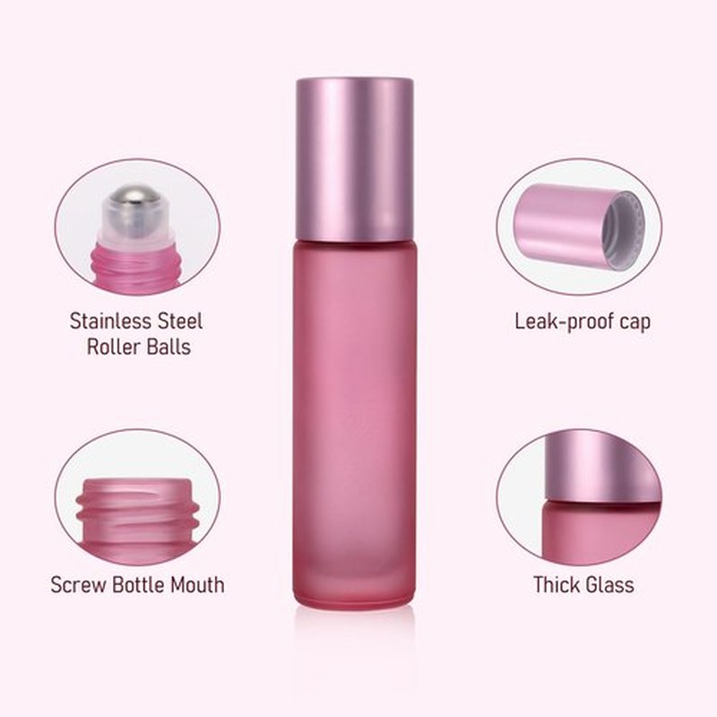Kesell 10 Pack - 10ml Refillable Frosted Glass Roller Bottles Vials with Stainless Steel Roller Ball and Aluminum Cap - Pink Color