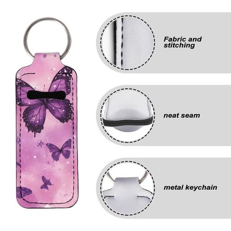 SEANATIVE Purple Butterfly 5 Pieces Lipstick Keychain Holder Lip Balm Holder Keychain Clip on Sleeve Chapstick Lip Gloss Holder Colorful Lipstick Pocket Keychain Bag Accessories for Women