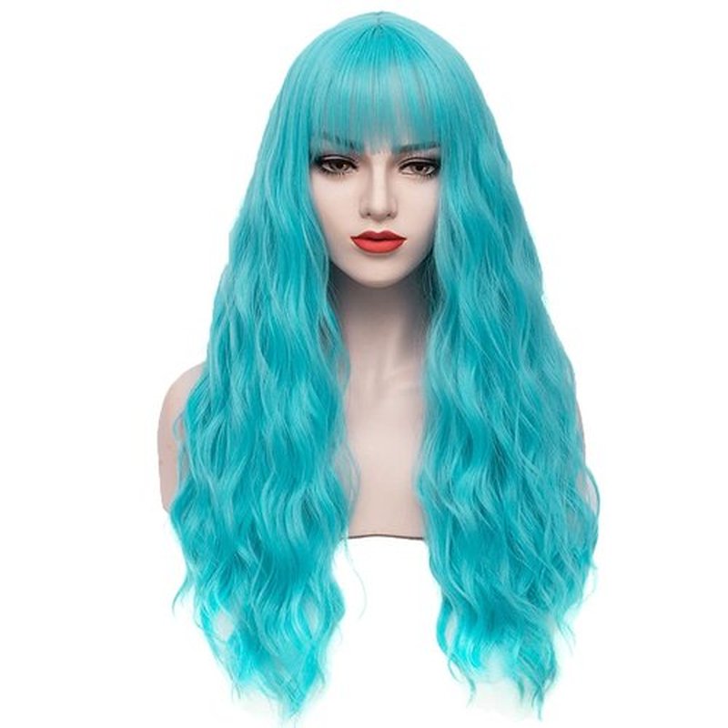 PATTNIUM Sky Blue Wig Long Curly Wig Light Blue Wig with Bangs Wavy Teal Blue Wig Women Girls Synthetic Wig Cosplay Party Costume Wig (Sky Blue)