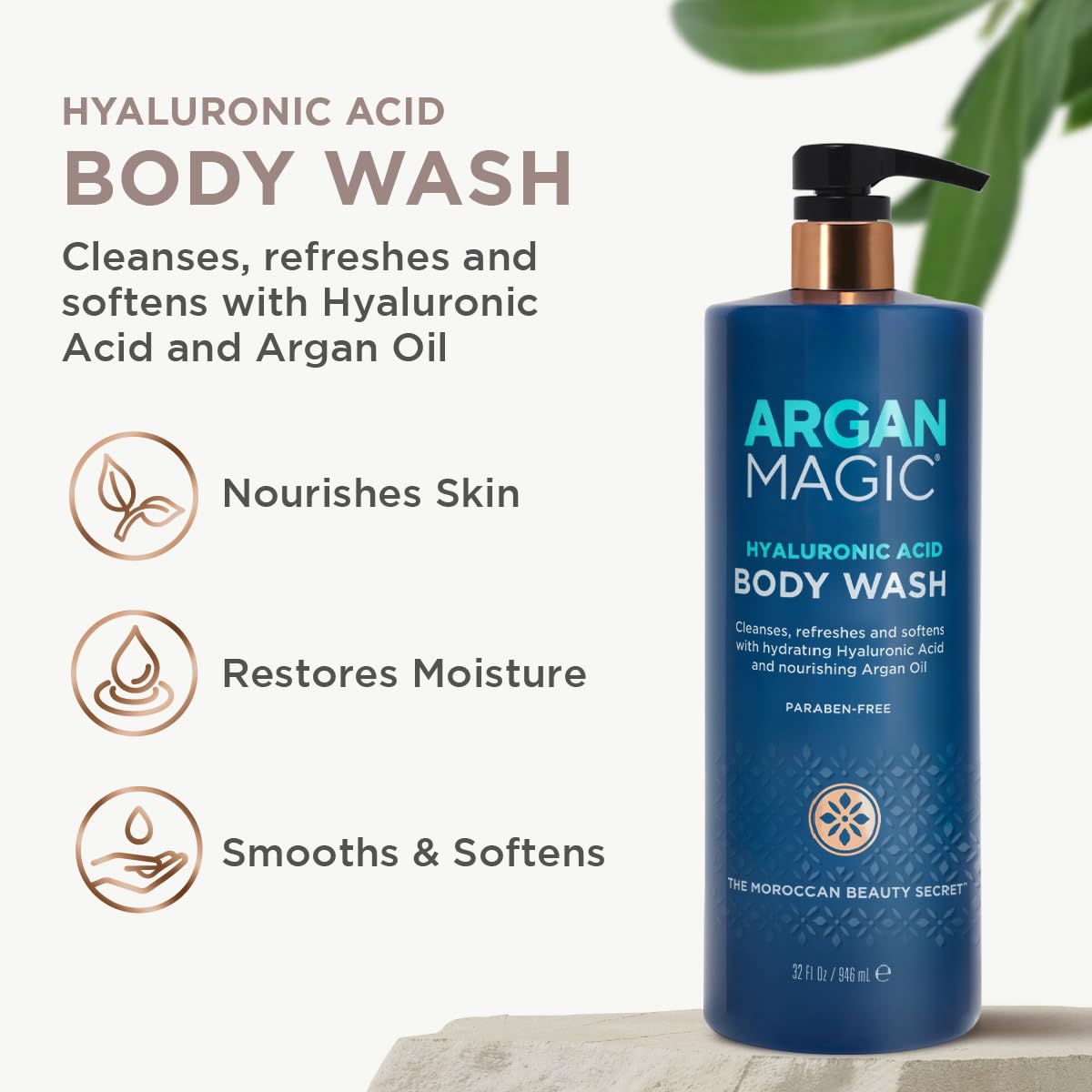 Argan Magic Hyaluronic Acid Body Wash - Cleanses, Refreshes & Softens with Hydrating Hyaluronic Acid and Nourishing Argan Oil | Paraben Free (32 Fl Oz)