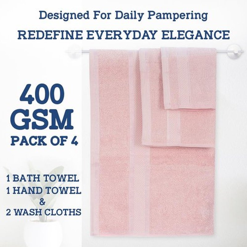 Casa Lino 4 Piece Bath Towel Set | 1 Bath Towel, 2 Wash Cloth, 1 Hand Towels | Bathroom Essentials for New Home, 100% Cotton Luxury Towels, Highly Absorbent Bathroom Set, Blush