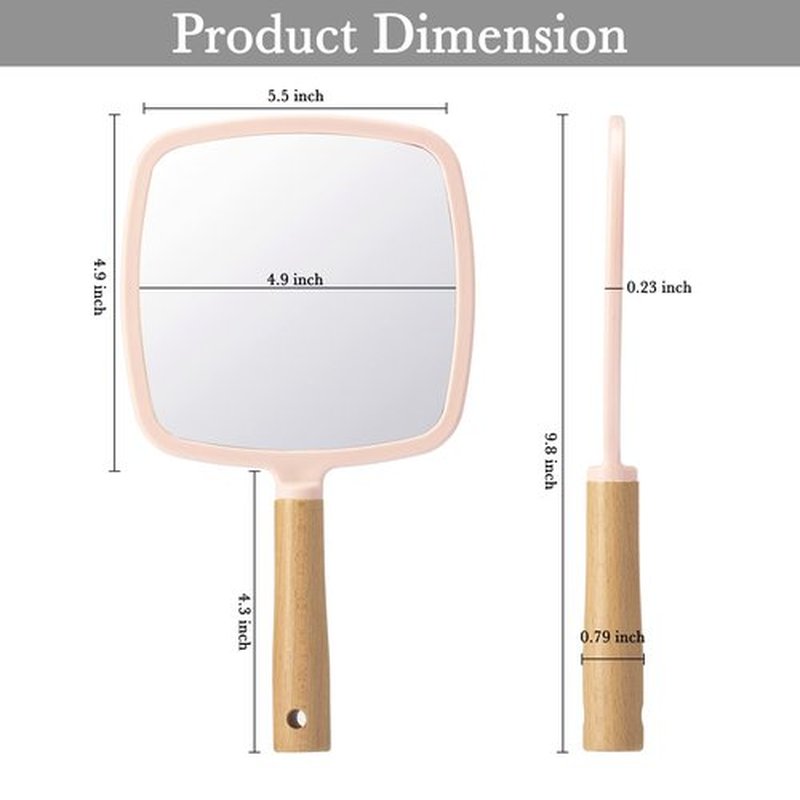 YEAKE Hand Held Mirror with Handle for Makeup,Small Cute Wood Hand Mirror for Shaving with Hole Hanging Single-Sided Portable Travel Vanity Mirror for Men&Women(Square,Pink,1Pack)