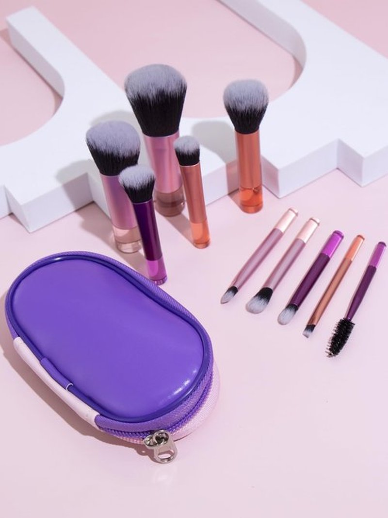 Portable ON THE GO Makeup Brush Set, COSHINE 10pcs Easy-taken Mini Full Complete Function Cosmetic Brushes Kit with Brush Pouch (colorful)