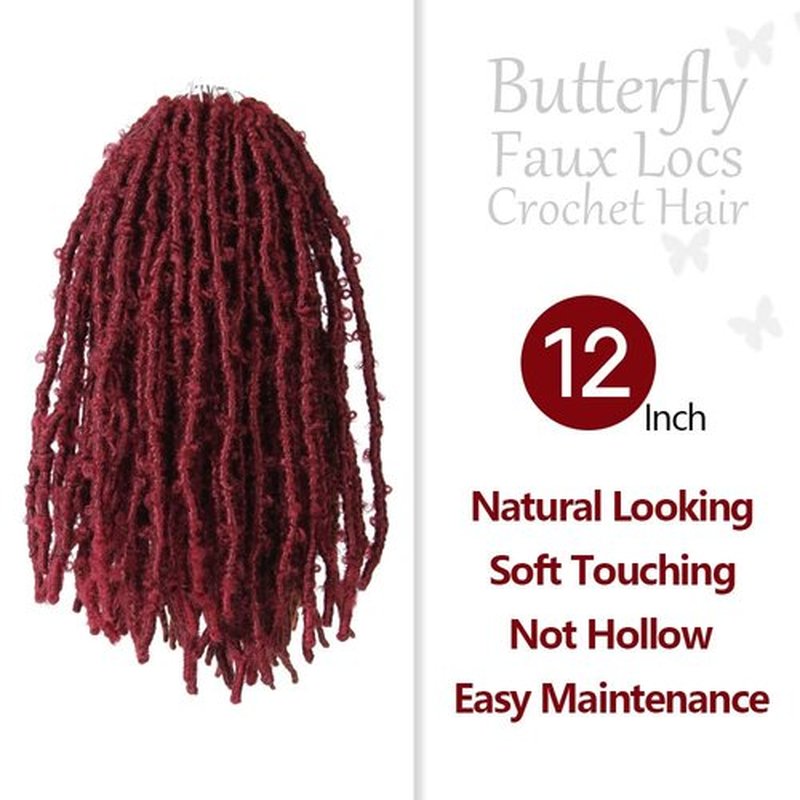 NISEYO NU Short Pre-looped Butterfly Locs Crochet Hair 12 Inch 8 Packs Light Weight & Soft Distressed Locs,118# (Burgundy)