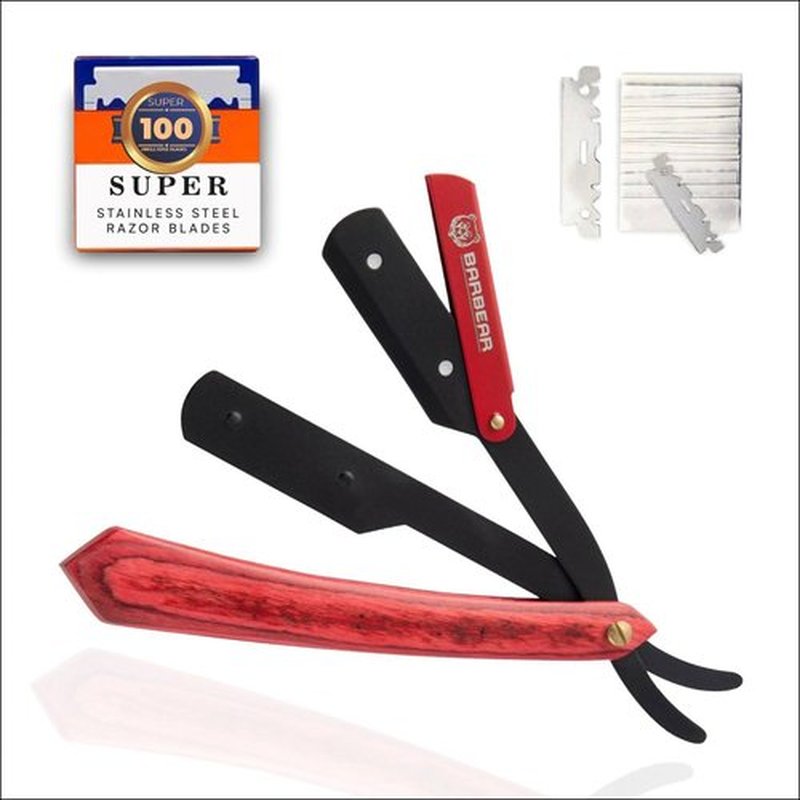 Barbear Professional Straight Razor for Men - Premium Steel Barber Edge Razor with 100 Blades for Close Shaving - Barber Accessories - Includes Leather Case - Black