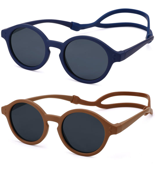 NULOOQ Polarized Baby Sunglasses with Silicone Strap - Bendable TPEE Flexible Infant Sunglasses 0-24 Months (Brown/Gray + Navy Blue/Gray) - 2 Pack