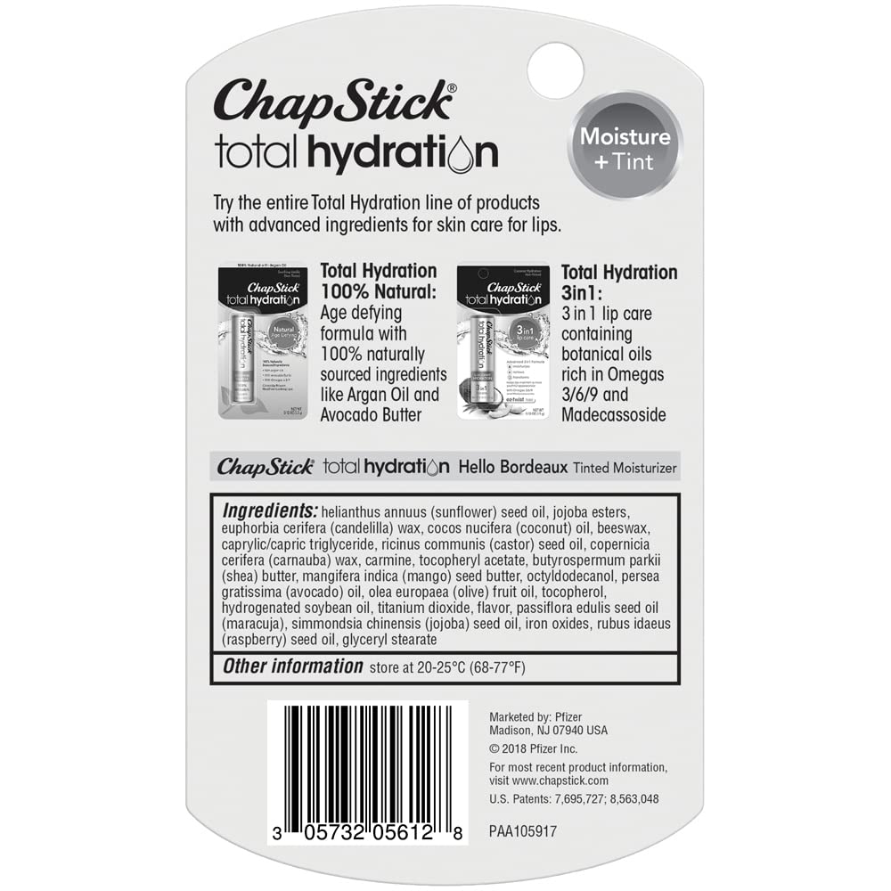 ChapStick Total Hydration Moisture + Tint Hello Bordeaux Tinted Lip Balm Tube, Tinted Moisturizer - 0.12 Oz