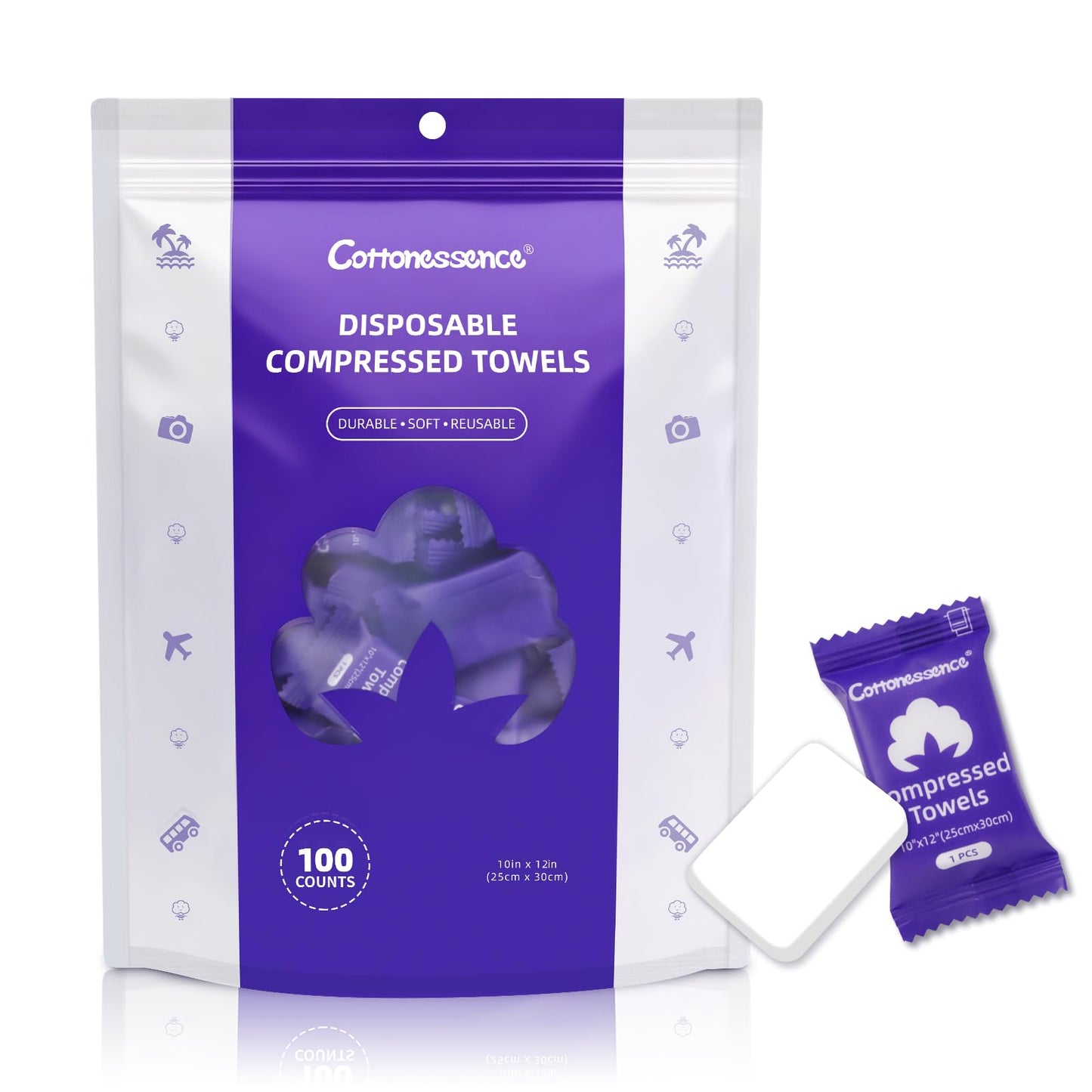 Cottonessence Premium Compressed Towels (100-Pack) - 10" x 12" Individually Wrapped Coin Tissues, Portable Towels for Travel, Hiking, Gym, Spa, Beauty Salon, Makeup, Baby Care, Outdoor Use