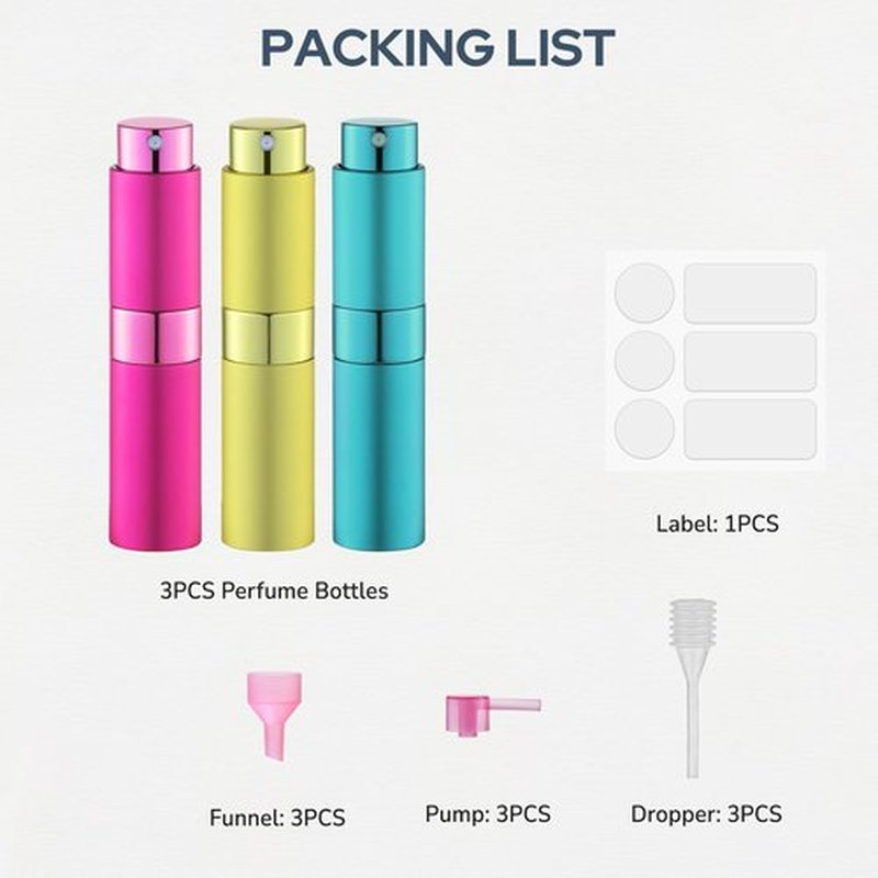 Fusupak 8ml Perfume Atomizer, Travel Cologne Spray Bottle, Refillable Portable Sprayer (Rose Red, Yellow, Cyan)