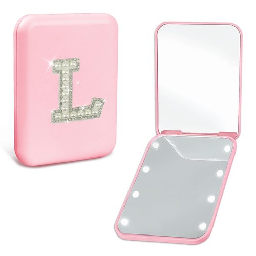 Aganmi Personalized Birthday Graduation Gifts for Teen Girls Her Pearl Initial Pink Travel Compact Mirror with Lights Portable 1X/2X Magnification 2-Sided Mini LED Pocket Makeup Mirror for Purse (L)