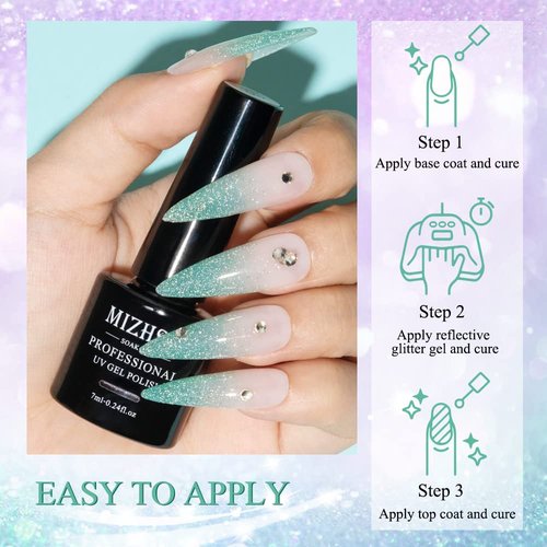MIZHSE Reflective Jelly Gel Nail Polish 6 Pcs, Glitter Diamond Flash Disco Gel Polish Sparkle Pink Gold Green, Macaron Pink Purple Green Blue Soak Off UV LED Home Salon Manicure Set 7ml