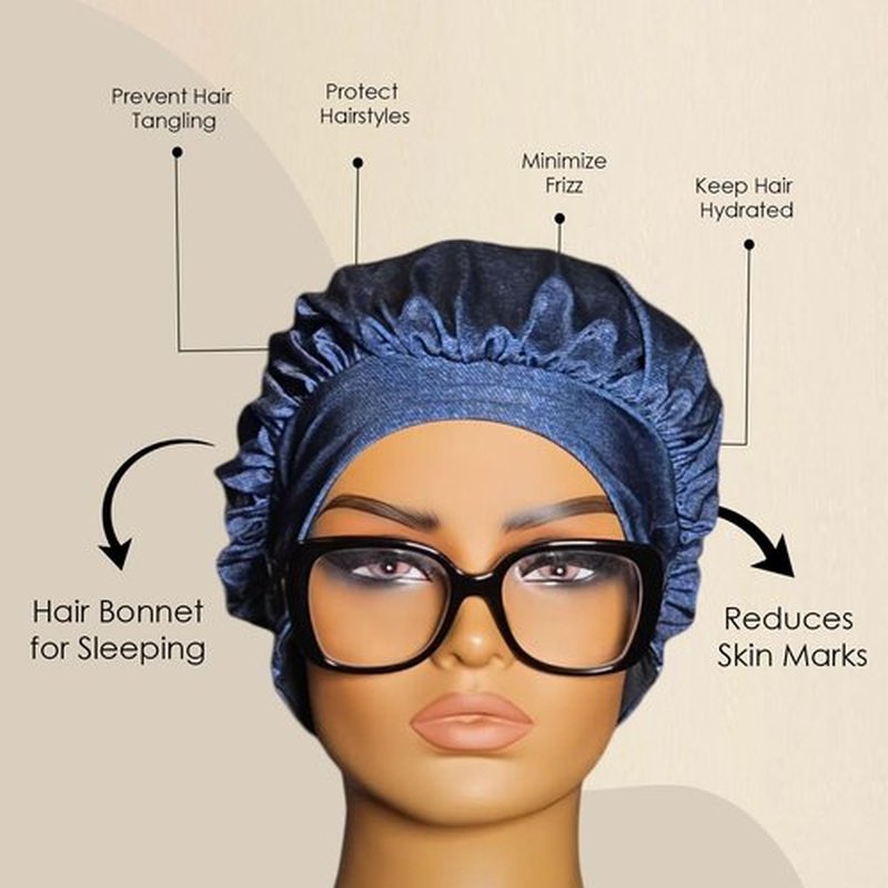 EARTWOEAR Bonnet, Hair Bonnet for Sleeping, Women Sleep Cap Hair Bonnet, Polyester/Lycra Blend Sleep Bonnet, Full Bonnet with Ear Slots (Denim)