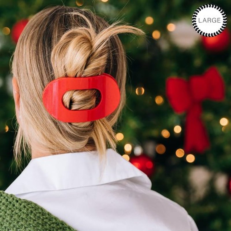TELETIES - Large Flat Round Hair Clip - Holiday Collection - Hair Claw Clips for Women - Strong Grip, Bendable Teeth, Curved Design - For All Hair Types and Textures - Rudolph Red