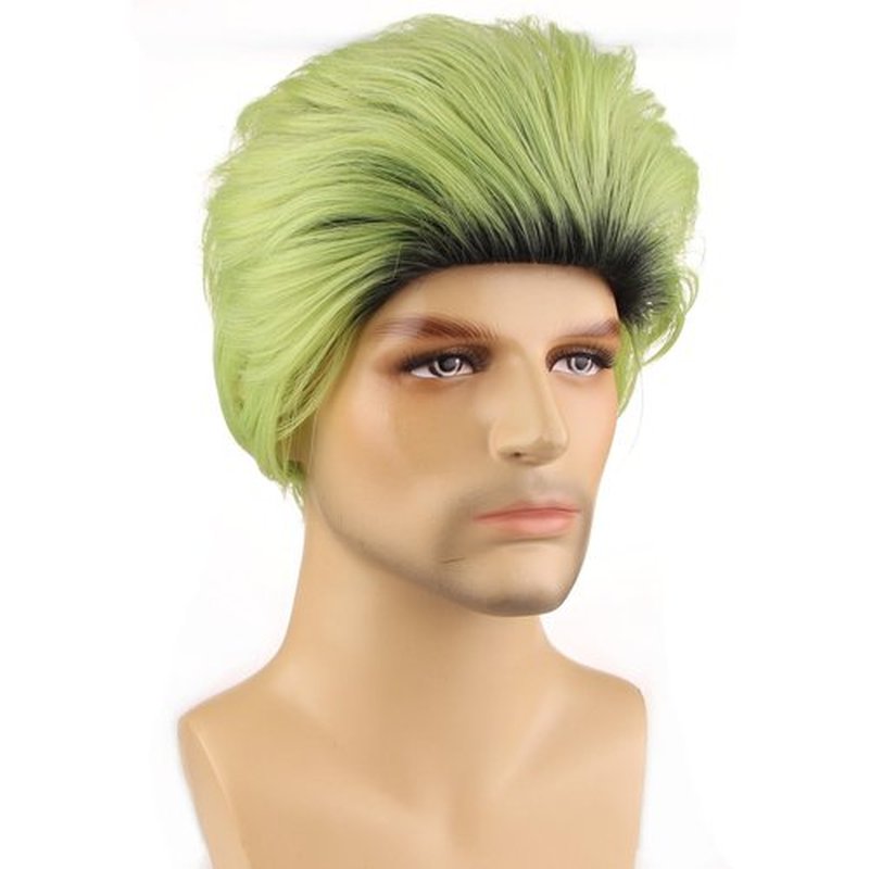 BERON Mens Green Ombre Wig Short Straight Wigs for Boys Cool Black Ombre Green Hair Wigs for Halloween Costume Cosplay