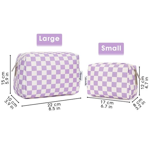 Narwey Large Checkered Makeup Bag Zipper Pouch Travel Cosmetic Bag Organizer for Women (Large, Purple Checkerboard)