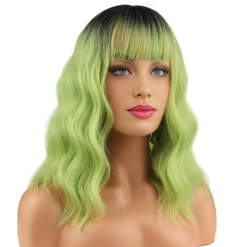BERON 14 Inches Matcha Green Wig with Bangs Ombre Green Wigs Short Green Wigs for Halloween Party