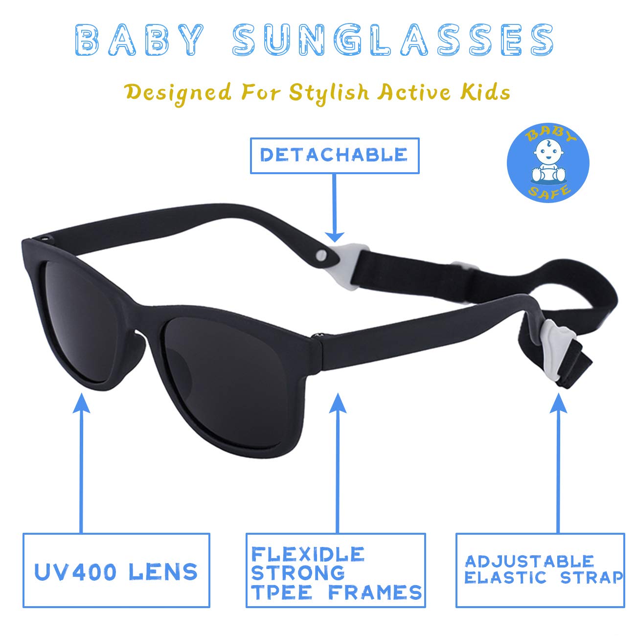 MAXJULI Baby Sunglasses with Adjustable Strap,BPA Free,Infant Newborn Shades 0-24 Months (Rose Stars/Silver)