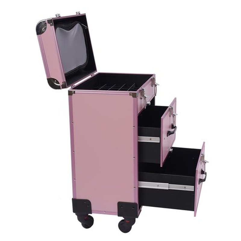 Rolling Makeup Train Case Professional Cosmetic Organizer Trolley with Drawers Compartment Nail Case Wheeled Manicure Pedicure Storage Case for Hair Stylists Makeup Artists (Light Pink & Silver)