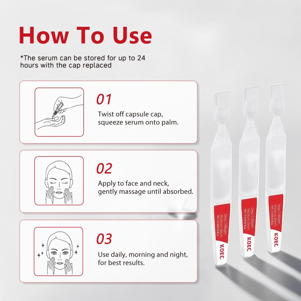KOEC Collagen Repair Serum for Face 30PCS,Ultra Hydrating Anti-Aging Serum for Wrinkles & Fine Lines,Facial Collagen Vials Lightweight 1.5ml X 30 pcs