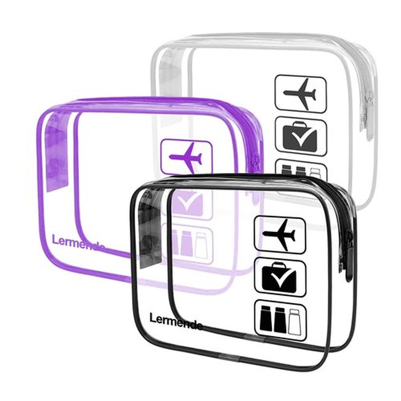 Lermende Clear Makeup Bag, TSA Approved Makeup Bag Organizer & Cosmetic Bag for Women With Zipper, Quart Size Carry On Clear Toiletry Bag Airport Compliant Toiletries For Travel (Black Gray Purple)