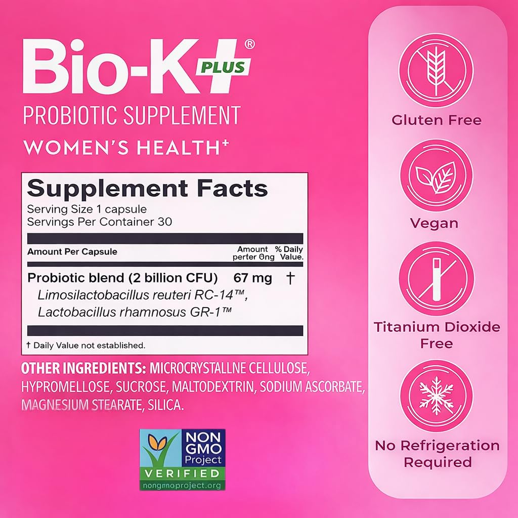 Bio-K+ Probiotic for Women support for Vaginal & Urinary Tract Health, Probiotic Supplement with 2 Billion CFU 2 Strains, Vegan, Shelf-Stable – 30 Capsules