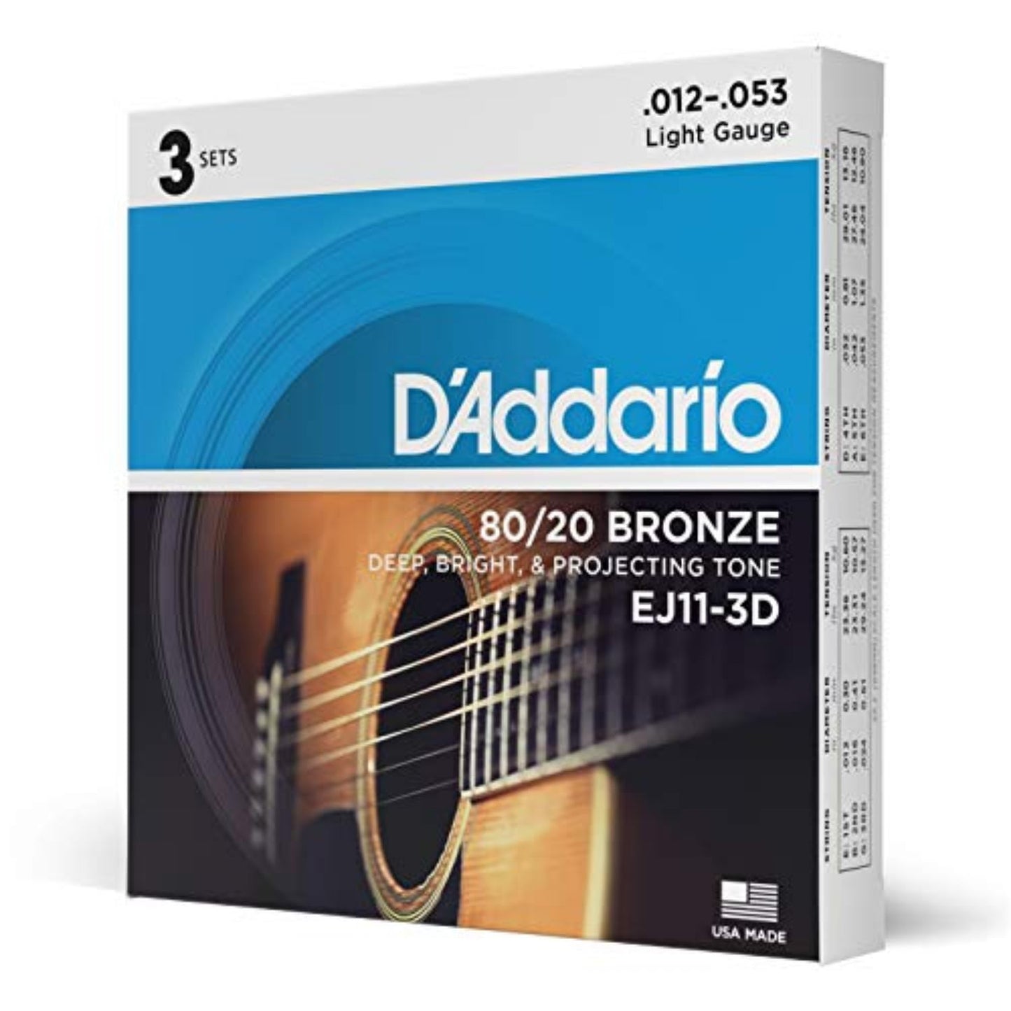 D'Addario EJ11-3D 80/20 Bronze Acoustic Guitar Strings, Light 12-53, 3 Sets