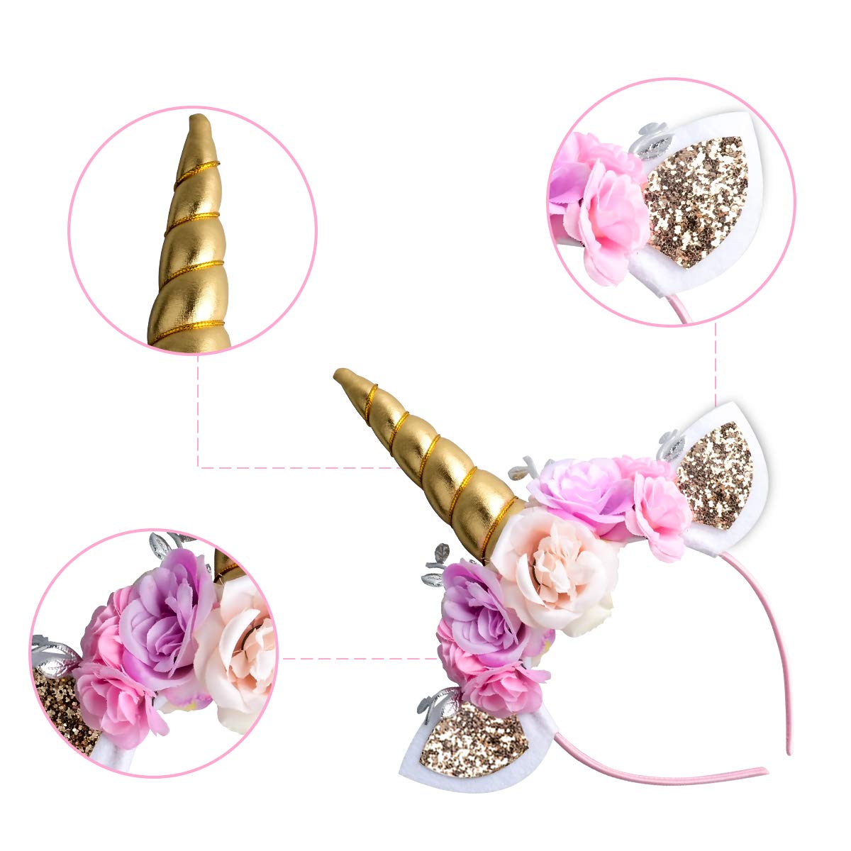 AHIER Unicorn Headband Gold Horn for Unicorn Birthday Party Decorations Supplies Flowers Cat Ear Head (Unicorn Headband)