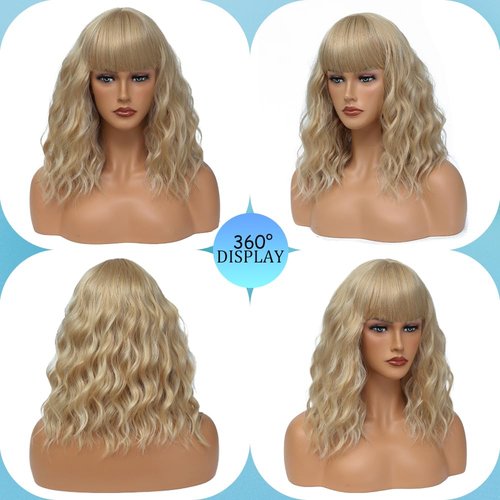 Short Blonde Wigs with Bangs 14Inch Wavy Curly Blonde Bob Wig for Women Shoulder Length Natural Looking Hair Replacement Wig for Daily Party Use Cosplay Costume Halloween Wig