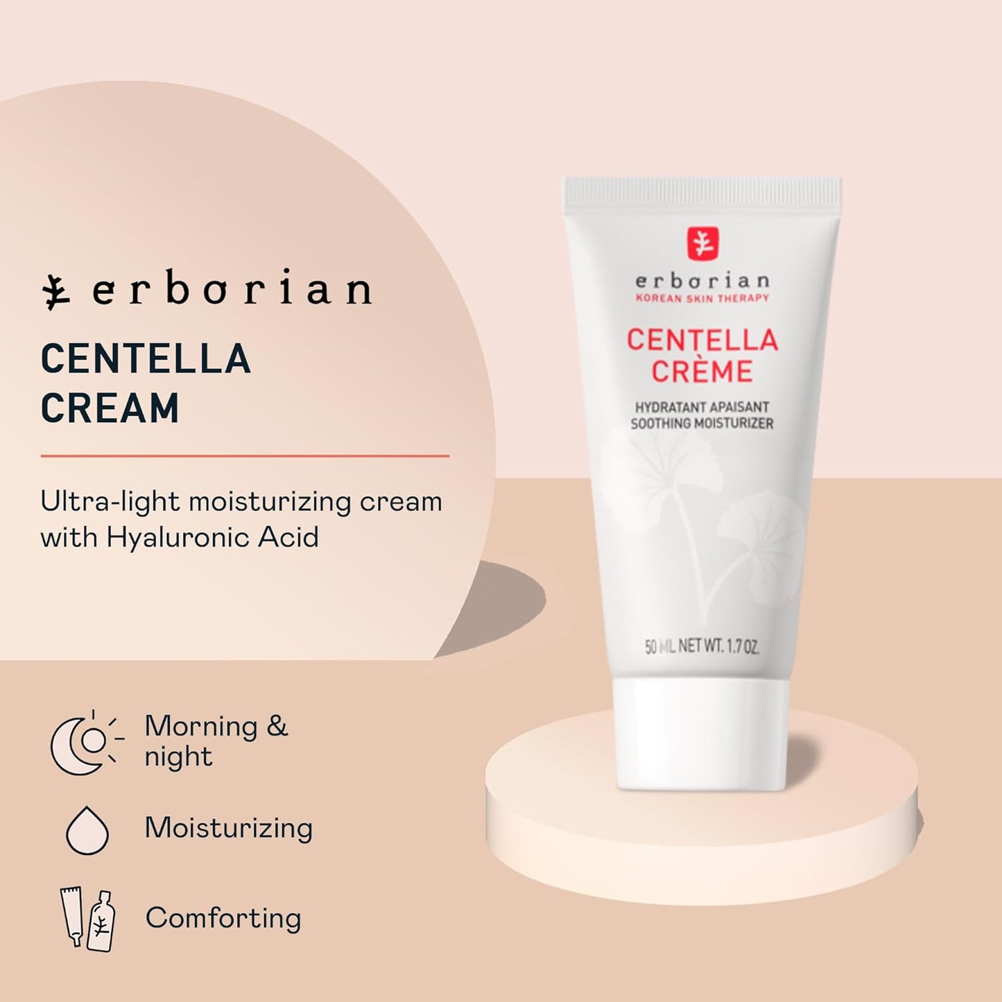 Erborian Face Moisturizer Cream Centella Cream - Ultra Light-Weight Facial Moisturizing Cream with Shea Butter, Hyaluronic Acid, Glycerin & Beta Glucan - Soothes & Hydrates Skin - All Skin Types