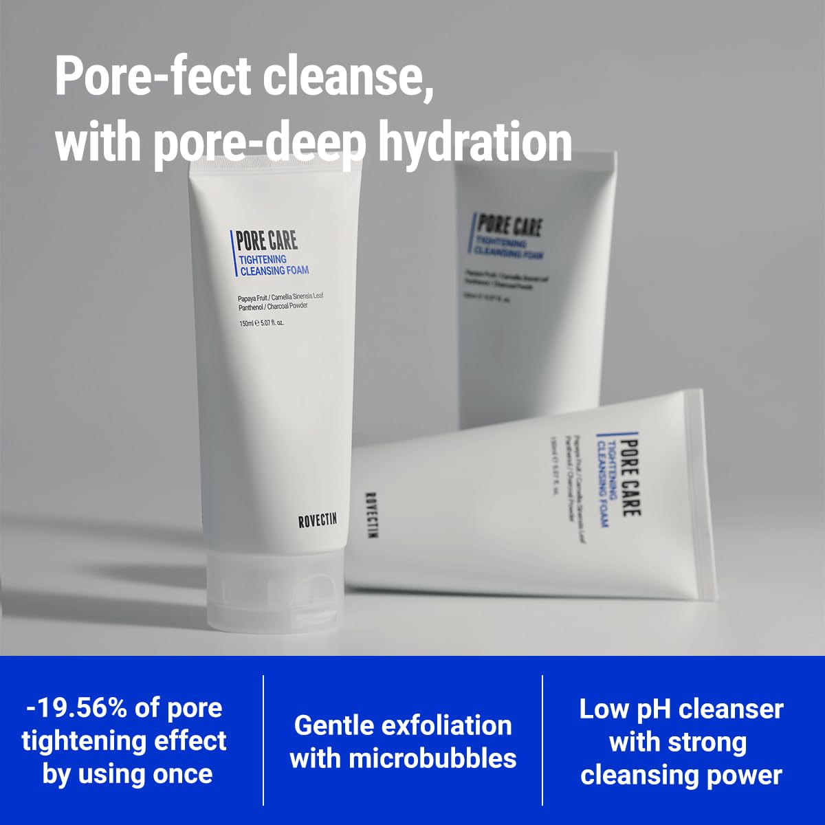 ROVECTIN Pore Tightening Cleansing Foam | Green Papaya, Glycerin, Charcoal Powder, AHA/BHA/PHA for Refining Pore Size, Non-Irritating | Oily, Dull Skin | Vegan (5.07 fl. oz.,150 ml)