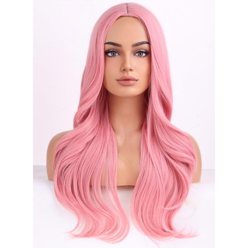 BERON Pink Wigs Long Wavy Wig for Women Natural Curly Pink Colorful Heat Resistant Synthetic Hair Wigs for Cosplay Party Daily or Used