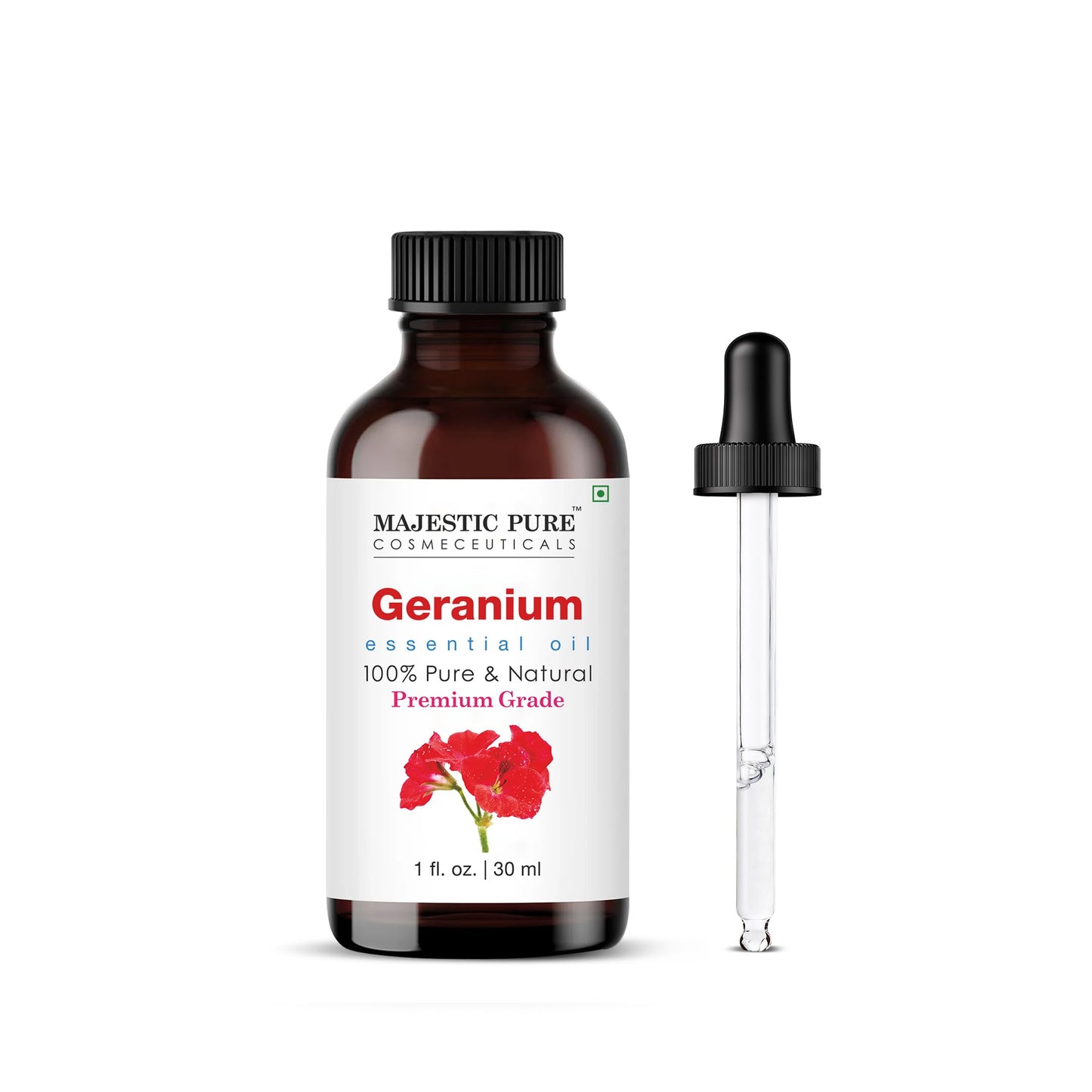 Majestic Pure Essential Oil with Glass Dropper - 100% Pure and Natural - Essential Oils for Diffuser, Aromatherapy, Soap and Candle Making, Geranium Essential Oil, Geranium Oil, 1 Fl Oz