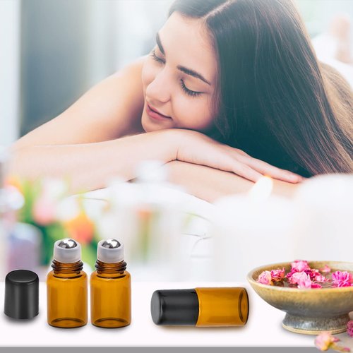 ZEJIA 2ML Essential Oil Roller Bottles, 24 Pack Amber roller bottles for oils, Mini Glass Roll on Bottles with Stainless Steel Roller Balls&2 Droppers
