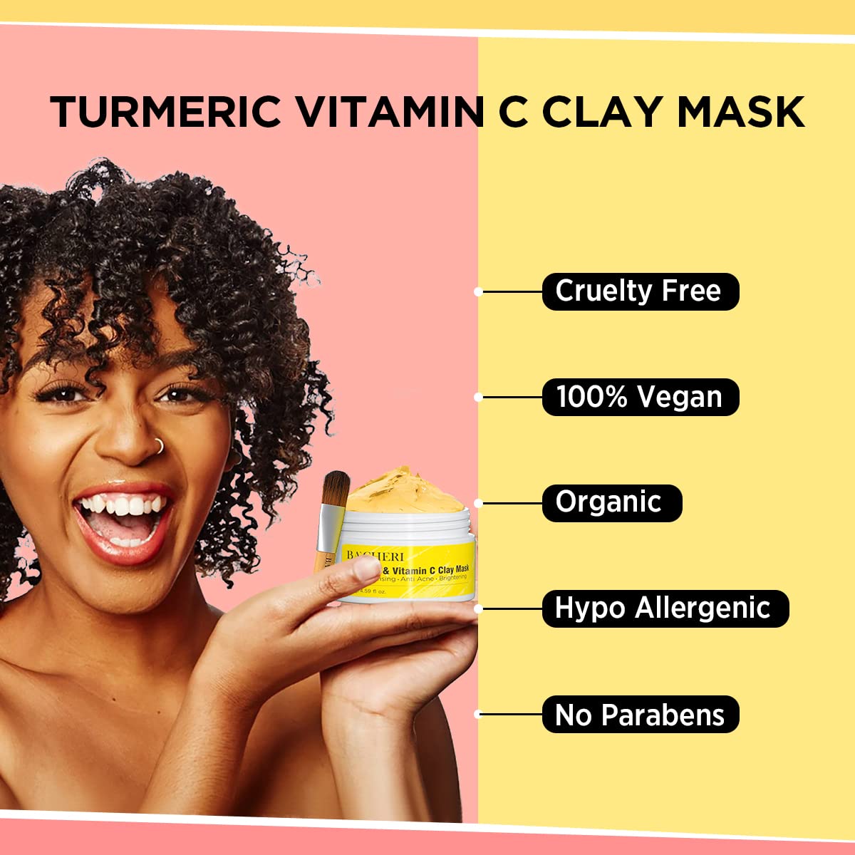 BACHERI Turmeric Vitamin C Clay Mask # 130g, Blackheads Acne Dark Spots Remover with Turmeric Extract, Glowing Skin, Refining Pores and Controlling Oil