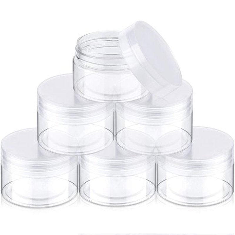 6 Pack Clear Container with Lids Small Plastic Pot Jars Wide Mouth Round Leak Proof Plastic Container Jars with Lid for Travel Storage, Eye Shadow, Nails, Paint, Jewelry (1 oz, Clear)