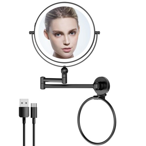 Rocollos Height Adjustable Wall Mounted Makeup Mirror with Towel Ring, Double Sided 1X/10X Magnifying Rechargeable LED Vanity Mirror with Lights 360 Swivel Extendable Arm Lighted Cosmetic Mirror