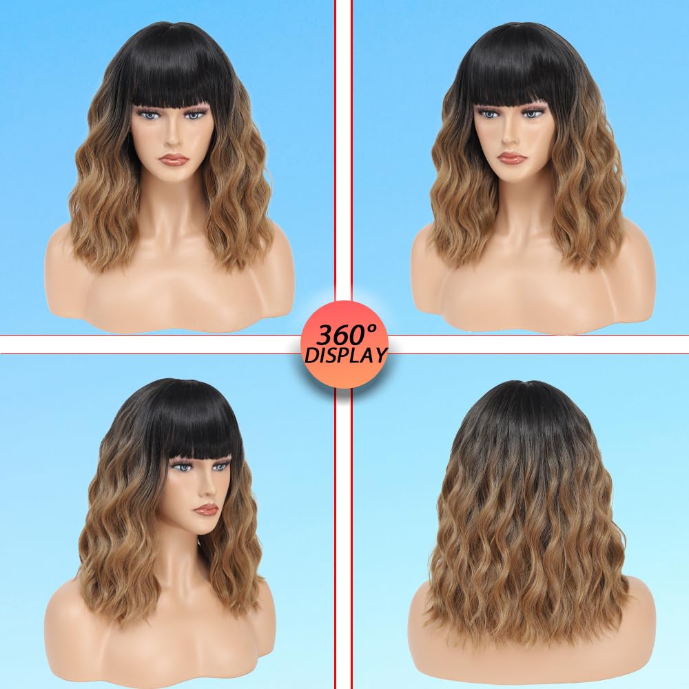 Short Wavy Ombre Brown Wig with Bangs 14inch Brown Wigs for Women Short Curly Bob Wigs Synthetic Natural Looking Hair Replacement Wigs Costume Cosplay Halloween Wig(14'' Ombre Brown)