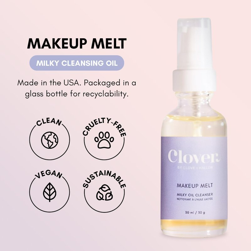Clover Makeup Melt Cleansing Oil - Gentle Makeup Removal, Skin-Friendly Formula | Cruelty-Free & Vegan - 1 oz (30 ml)