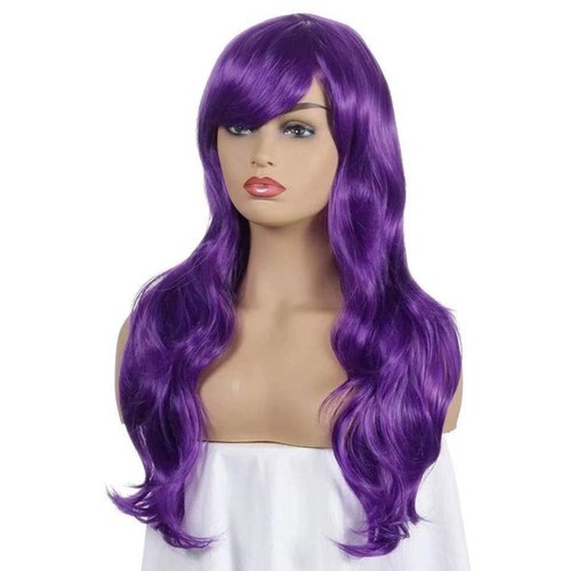 Wigs for Women Girls Long Wavy Heat Resistant Fiber Wigs Side Bangs Cosplay Party, Women's Wigs with Bangs Long Fluffy Curly Wavy (Purple)
