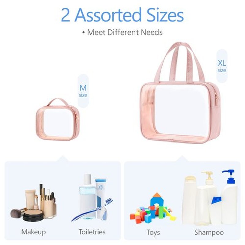 PACKISM Clear Toiletry Bags - 2 Pack Clear Makeup Bags with Handle Large Opening, Waterproof Clear Cosmetic Bags Fit Carry-on Travel Essentials, Travel Accessories Clear Travel Bags, Pink