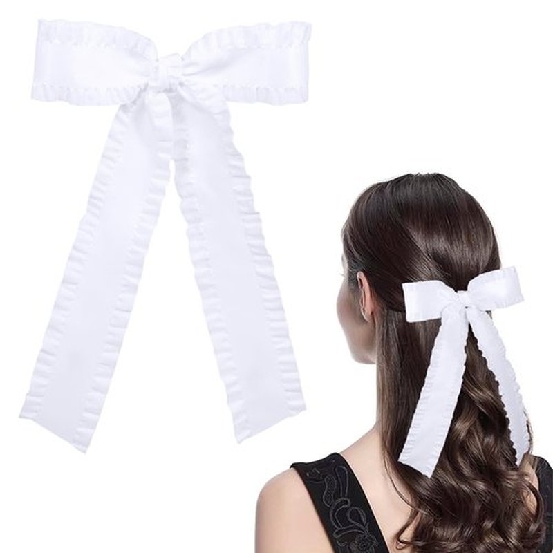 Big Hair Bows for Women Girls White Ruffle Tassel Hair Ribbon Bowknot Hair Clips Barrettes Hair Accessories for Teens Toddler Kids Ponytail Holder Accessories with Long Tail 5.5in